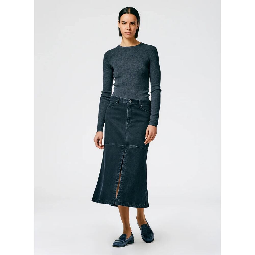 TIBI Black Denim Pocket Front Slit A Line Midi Skirt Size 29‎